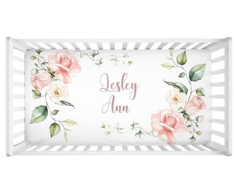 Pink Roses Personalized Baby Crib Sheet: Floral Nursery Decor
