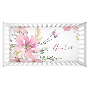 Personalized Baby Crib Sheet, Floral Crib Sheet, Baby Girl Gift, Pink and Sage Floral, Crib Sheet For Girl, Nursery Decor, Baby Shower Gift