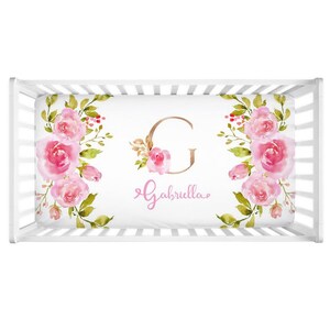 Personalized Pink Roses Baby Crib Sheet, Floral Crib Sheet, Baby Girl Gift, Green, Crib Sheet For Girl, Nursery Decor, Baby Shower Gift