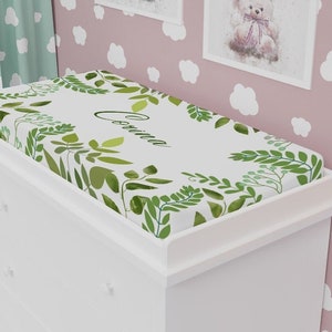 Personalized Baby Changing Pad Cover: Forest Leaves, Green Floral Nursery Decor