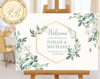 Printable Wedding Welcome Sign, Greenery Decor (Digital File)