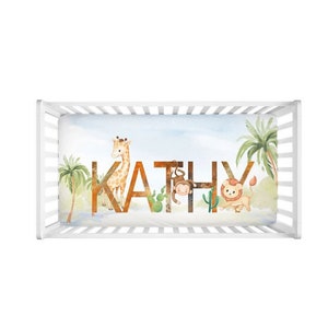 Personalized Baby Crib Sheet: Watercolor Safari Animals Nursery Decor