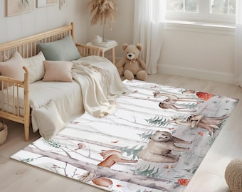 Woodland Animals Nursery Rug: Boho Forest Friends Playroom Mat