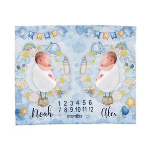 Twin Boys Personalized Baby Milestone Blanket, Blue, Baby Shower Gift, Minky, Track Baby Growth, Name, Nursery Decor