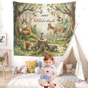 Personalized Woodland Animals Tapestry, Winter ONEderland, Boho Nursery Decor, Kids Birthday Party