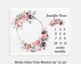 Personalized Baby Blanket, Satin Trim Minky Blanket, Name, Baby Girl Gift, Gift For Girl, Gift For Boy, Nursery Decor, Floral, Baby Shower