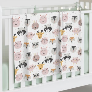 Personalized Baby Swaddle Blanket: Animal Faces, Jersey Polyester, Nursery Decor