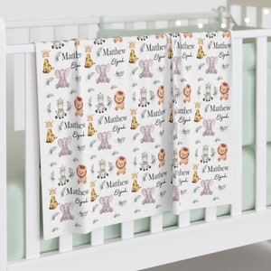 Safari Animals Personalized Swaddle Blanket Name Boho Elephant Tiger Lion Newborn Baby Shower Gift Baby Boy Gift Watercolor Nursery Decor