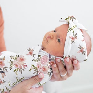 Personalized Baby Swaddle Blanket: Blush Pink Watercolor Floral, Boho Nursery Decor