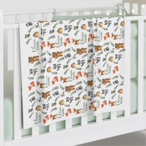 Woodland Animals Personalized Swaddle Blanket Name Boho Bear Fox Racoon Newborn Baby Shower Gift Baby Boy Gift Watercolor Nursery Decor