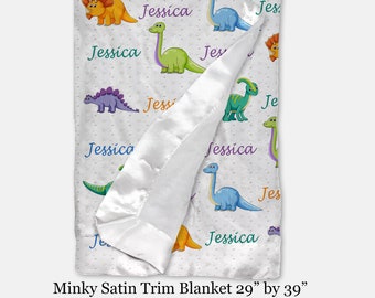 Personalized Baby Blanket, Satin Trim Minky Blanket, Name, Baby Girl Gift, Gift For Girl, Gift For Boy, Nursery Decor, Dinos, Baby Shower