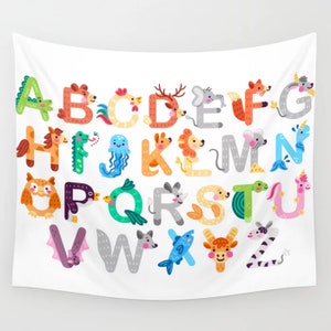 Colorful Animals Alphabet Wall Tapestry, English Letters, Kids room, Nursery decor, Gift, Christmas, Boho, Nature, School, Kids, Learning