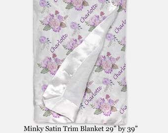 Personalized Baby Blanket, Satin Trim Minky Blanket, Name, Baby Girl Gift, Gift For Girl, Gift For Boy, Nursery Decor, Floral, Baby Shower