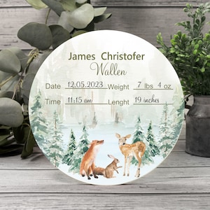 Winter Forest Animals Baby Hospital Room Wood Sign, Woodland Door Hanger, Nursery Name Sign, Birth Stats Sign, Baby Birth Announcement Sign