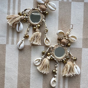 Neutral earrings, earth tones, thread tassels, cowrie shell earrings, womens jewelry, mirror, charms