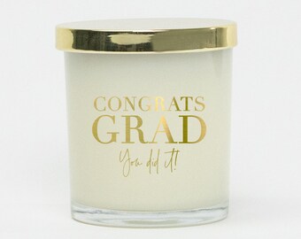 Gold Congrats Grad Personalized Soy Candle - Glass Jar with Lid Hand Poured Soy Candle Custom Graduation Gift Celebration Gift Box Ideas