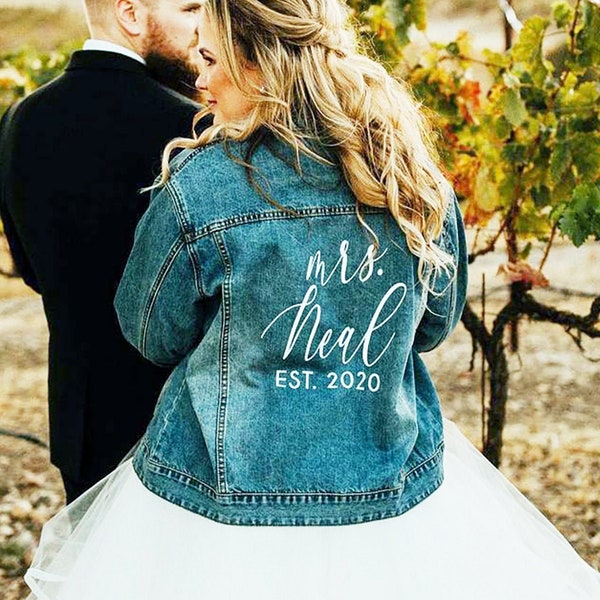 Custom Bride Denim Jacket - Personalized Wedding Date Jacket Bride Jean Jacket MRS Jacket Bride to Be Gift Bridal Shower Gift Ideas A-WC03DC