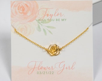 Flower Girl Rose Necklace -  CUSTOM Name Thank You For Being My Flower Girl Bridesmaid Maid of Honor Silver Gold Rose Gold Plated - J-NE07S