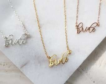 Bride Script Necklace - Bride Gold Silver Rose Gold Plated Necklace with Heart Jewelry Tray New Bride Gift Future Bride Mrs Present