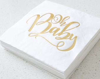 Oh Baby Napkins Set of 16 - Gold and White Baby Shower New Arrival New Baby Tableware Gender Reveal Custom Baby Decor Mom New Baby Favors