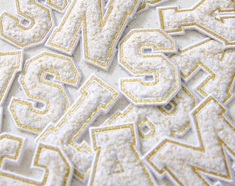 White and Gold Chenille Varsity Letter Patch ONLY Adhesive Backing G-AP01