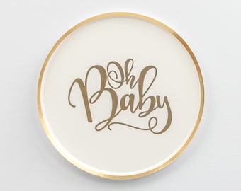 Oh Baby Paper Plates Set of 8 - Gold and White Baby Shower New Arrival New Baby Tableware Gender Reveal Custom Baby Decor Mom New Baby Favor