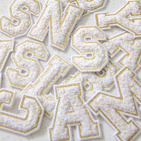 White and Gold Chenille Varsity Letter Patch ONLY Adhesive Backing G-AP01