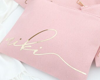 Script Cosmetic Bags - Bridesmaid MakeUp Bag Natural - Custom Best Friend Gift for Her, Personalized Bag for Mom, Teacher, Monogram Bag