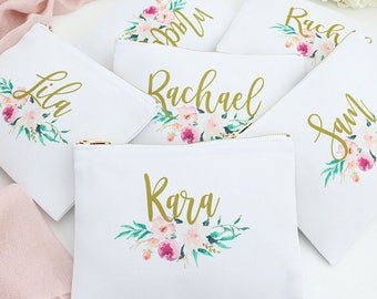 Set of 6 Watercolor Floral Cosmetic Bag - Personalized Bags, Monogram Makeup Bag, Custom Cosmetic Bag, Personalized toiletry bag, pencil bag