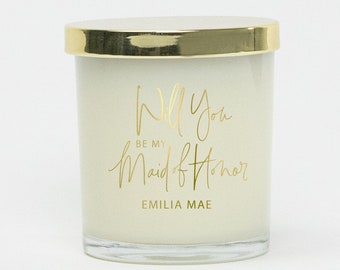 Gold Will You Be My Maid of Honor Personalized Soy Candle - Glass Hand Poured Soy Candle Custom Bridesmaid Proposal Gift Box Bridal Party