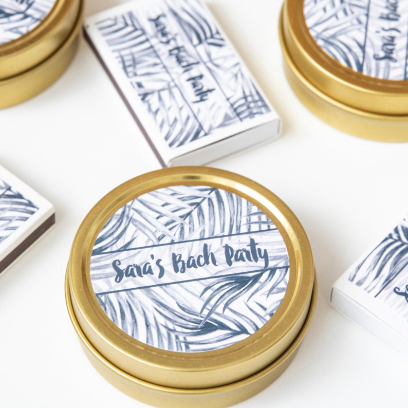 Wedding Favors Custom F-TC02G Bach Party Favors Mini Travel Candles 2oz Gold Tin Candles Black Tropical Leaves Candles