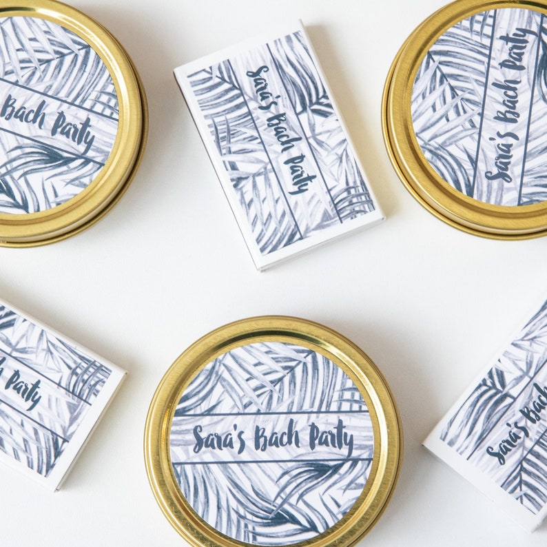 Wedding Favors Custom F-TC02G Bach Party Favors Mini Travel Candles 2oz Gold Tin Candles Black Tropical Leaves Candles