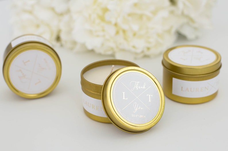 Mini Soy Candles F-TC01G Wedding Favors Wedding Candles Travel Candles Gold Tin Candles Thank You Monogram Personalized Candles