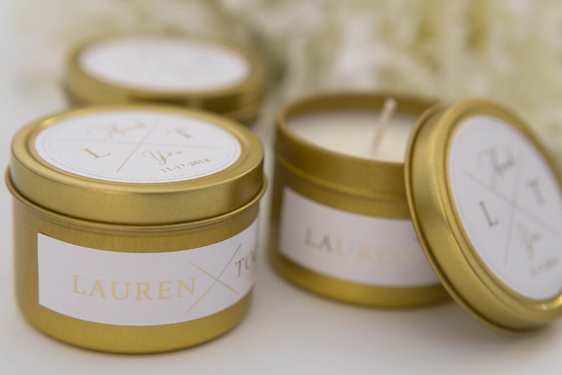 Mini Soy Candles F-TC01G Wedding Favors Wedding Candles Travel Candles Gold Tin Candles Thank You Monogram Personalized Candles