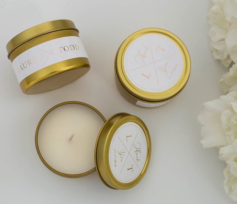 Mini Soy Candles F-TC01G Wedding Favors Wedding Candles Travel Candles Gold Tin Candles Thank You Monogram Personalized Candles