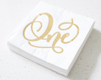 One Napkins Set of 16 - Gold and White First Baby Birthday Party One Party Decoration Onederful Theme Party 1st Birthday Party Modern Party