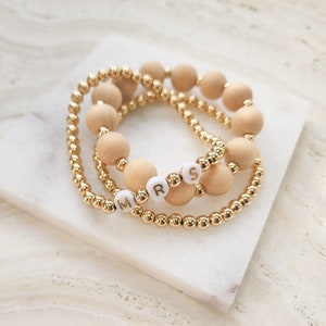 Mrs Beaded Bracelet Set MRS Wooden and Gold Plated 3pc Bracelet Set New Bride Gift Future Mrs Present image 4