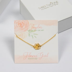 Flower Girl Rose Necklace CUSTOM Name Thank You For Being My Flower Girl Bridesmaid Maid of Honor Silver Gold Rose Gold Plated J-NE07S image 1