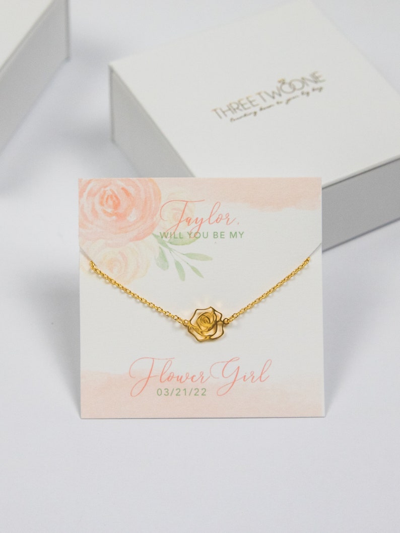 Flower Girl Rose Necklace CUSTOM Name Thank You For Being My Flower Girl Bridesmaid Maid of Honor Silver Gold Rose Gold Plated J-NE07S image 1
