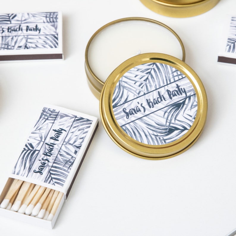 Wedding Favors Custom F-TC02G Bach Party Favors Mini Travel Candles 2oz Gold Tin Candles Black Tropical Leaves Candles
