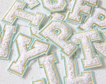 Teal and Gold Chenille Varsity Letter Patch ONLY - Adhesive Backing Monogram Patch Embroidery Patch Gift for Her Personalized Gift DIY Bag