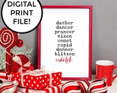 Santa's Reindeer Names Digital Download Printable | Christmas Wall Art