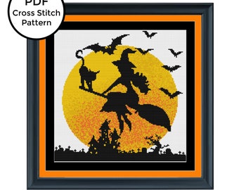 May include: A black silhouette of a witch flying on a broomstick in front of a yellow and orange moon. The witch is holding a black cat in her left hand. There are black silhouettes of trees and houses in the background.