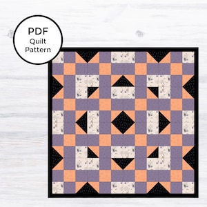 Peut inclure: Un patron de quilt carré avec un motif géométrique répétitif en noir, orange et violet. Le quilt a une bordure noire et comprend le texte "PDF Quilt Pattern" dans un graphique circulaire.
