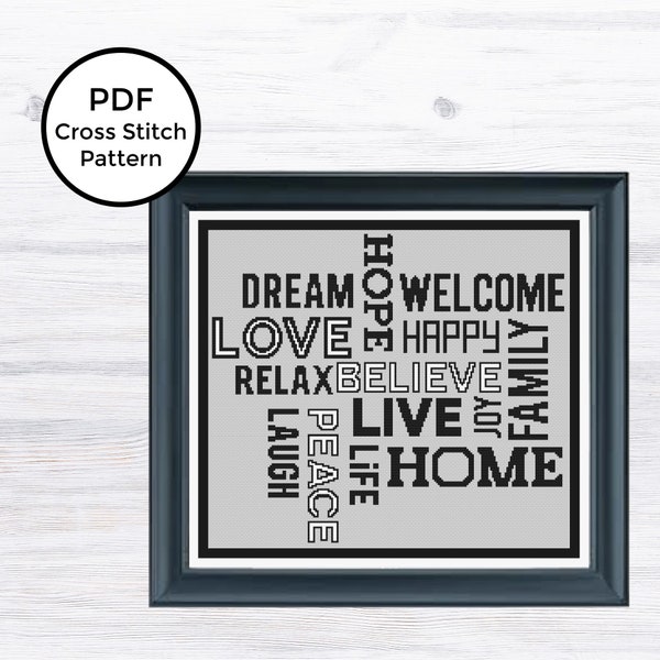 Words to Live By Counted Cross-Stitch PDF PATTERN - Family Word Cloud