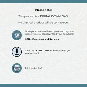 May include: A digital download product notice with text and icons. The text reads "Please note: This product is a DIGITAL DOWNLOAD. No physical product will be sent to you." Instructions follow, including "YOU > Purchases and Reviews."