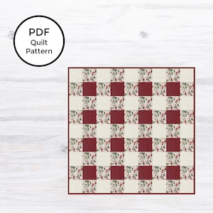 May include: A PDF quilt pattern featuring a red and white checked design. The pattern is made up of small squares with a floral print.