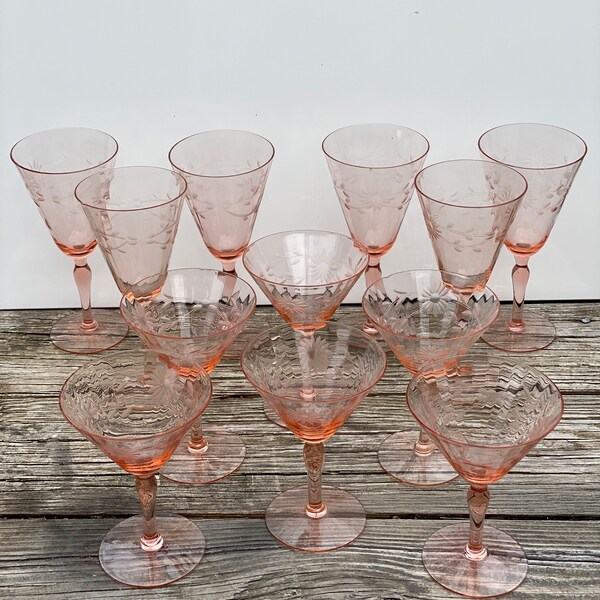 Vintage Tinted Pink Glass Floral Martini & Wine Glass Set x12