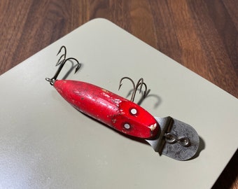 Vieux Leurre De Pêche Vintage En Bois, Tête Rouge, 3 1/2 Pouces, Original