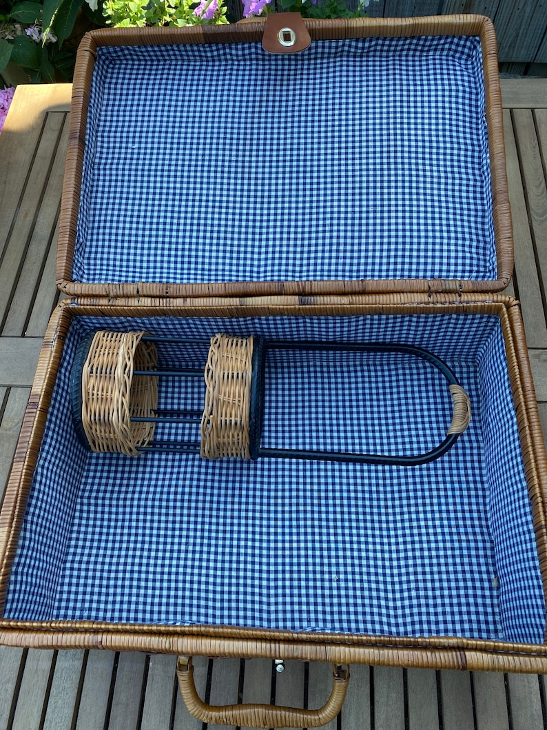 Vintage Wicker Picnic Basket W Wine Holder Etsy